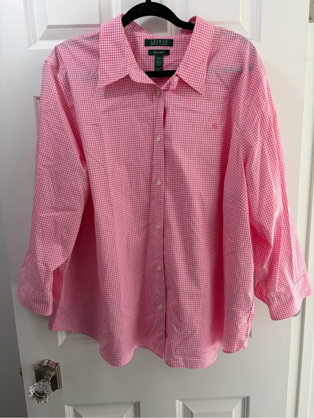 Ralph Lauren Pink Gingham 3/4 Sleeve Button-Up Shirt Non-Iron 100% Cotton
